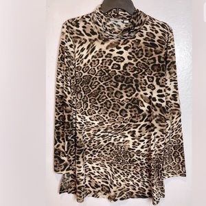 SUSAN GRAVER LIQUID KNIT ANIMAL PRINT RUCHED TURTLENECK TUNIC